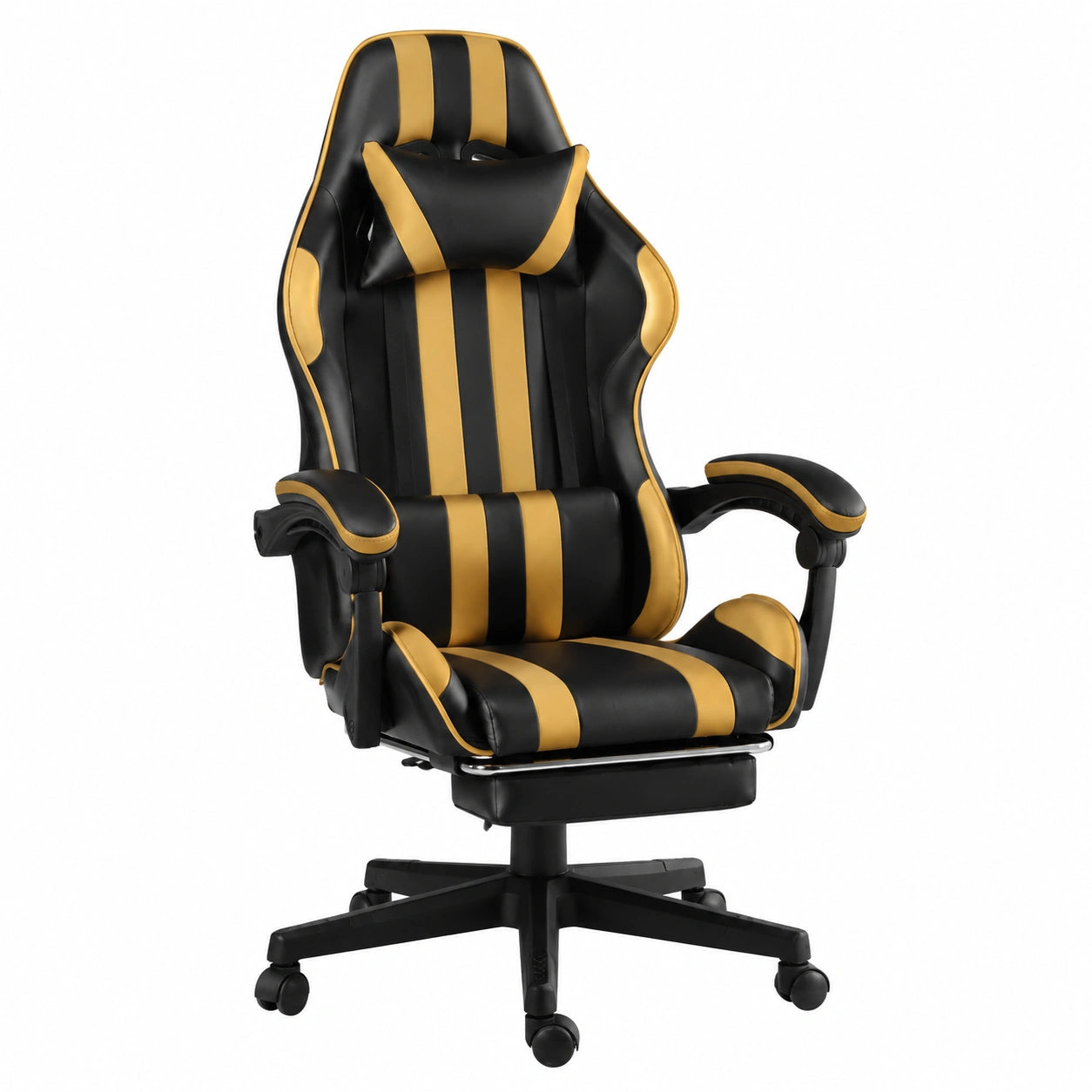 Bureau, pivotant, réglable, sur roulettes, en similicuir et cuir, coloris noir et doré, pour l’espace de travail